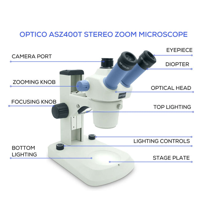 Stereo microscope parts diagram with labels and functions